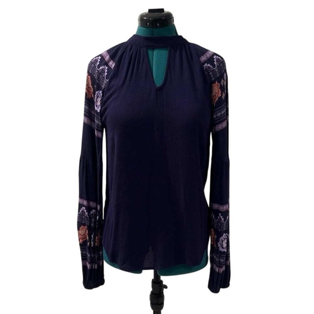 Aina Be Dark Purple Patterned Boho High‎ Neck Keyhole Top Womens XS Festival